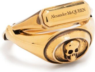 Gold-colored Double Ring With Skull Detail And Embossed Logo Lettering In Brass Woman