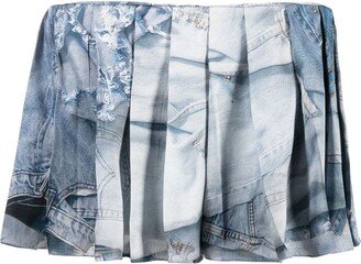 Denim-Print Pleated Skort