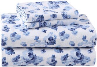 Emelisa Flannel 4-Piece Blue Floral Cotton Queen Sheet Set