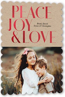 Holiday Cards: Joyous Love Holiday Card, Red Foil, Beige, 5X7, Holiday, Pearl Shimmer Cardstock, Scallop