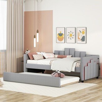 Aoolive Twin Size Daybed with Trundle, Modern Upholstered Sofa Bed with Light and USB Port, Wood Trundle Day Bed Frame