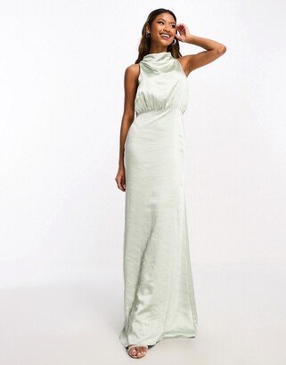 Pretty Lavish Bridesmaid Farrah high neck drape satin maxi dress in sage