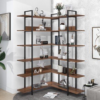 L-shape Bookshelf, Corner 6-tier Shelves Adjustable Foot Pads