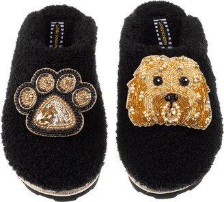 Laines London Teddy Towelling Closed Toe Slippers With Enki Doo & Paw Brooch - Black