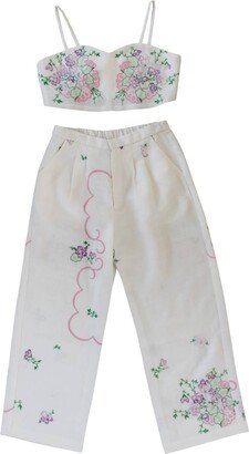 Sugar Cream Vintage Colorful Embroidered Floral Summer Bralette & Pants Set