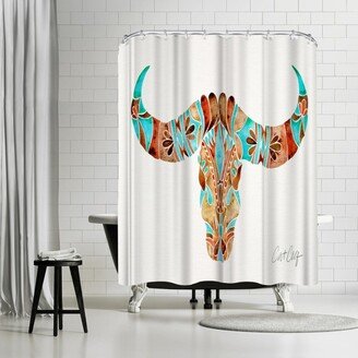 71 x 74 Shower Curtain, Water Buffalo Skull Turquoise And Brown by Cat Coquillette