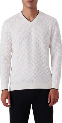 Basketweave Stitch V-Neck Cotton Blend Sweater