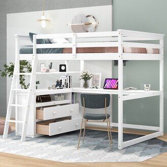 Calnod Full Size Loft Bed with Desk, Shelves, and Drawers - Solid Pine Wood Construction - Sturdy Frame