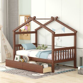 GEROJO Walnut Imaginative House Bed, Twin Size Wooden House Bed with Drawers, Daybed with Spacious Storage and 2 Headboards
