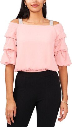 Petites Womens Tiered Boatneck Pullover Top