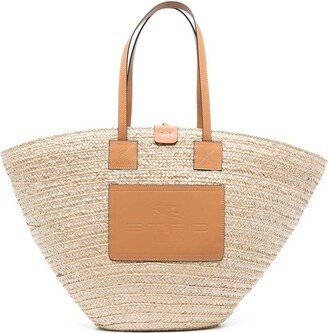 Beige Straw Beach Bag With Logo Patch In Straw And Leather Woman-AA