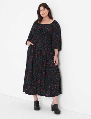 Square-Neck Blouson-Sleeve Midi Dress