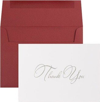 Jam Paper Thank You Card Sets - Silver-Tone Script Cards with Dark Red Envelopes - 25 Cards and Envelopes