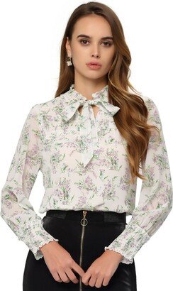 Allegra K Women' Floral Bloue Shirred Long Sleeve Spring Tie Frill Neck Top White X-Small