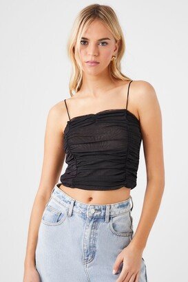 Women's Mesh Ruched Cropped Cami in Black, XL