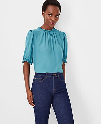 Mixed Media Ruffle Flutter Sleeve Top