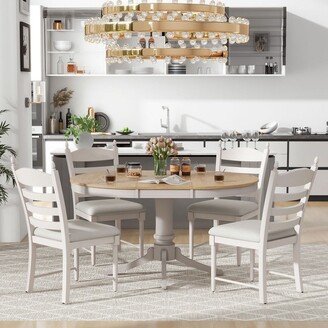 Aoolive 5-Piece Round Dining Table Set Wood Extendable Dining Table with 4 Upholstered Chairs Retro & Functional Dining Set of 4 People