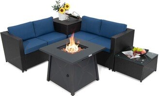 Tangkula 5PCS Outdoor Patio Furniture Set with 50,000 BTU Propane Fire Pit Table Patio Conversation Set w/ Cushions, Storage Box, Coffee Table Navy