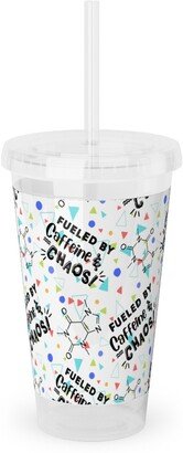 Travel Mugs: Fueled By Caffeine And Chaos - Multi On White Acrylic Tumbler With Straw, 16Oz, Multicolor