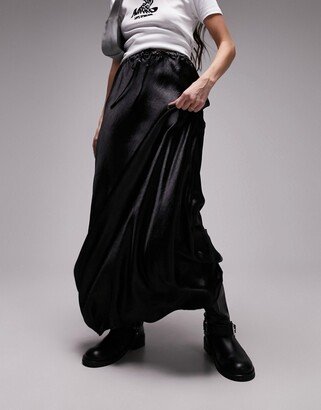 liquid look satin bias maxi skirt in black