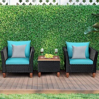 3 PCS Outdoor Patio Rattan Bistro Furniture Set Wooden Table