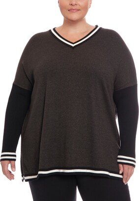 Plus Size V-neck Poncho Sweater - Charcoal Heather/Black/Ivory