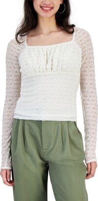 Juniors' Lace Square-Neck Sheer-Sleeve Top