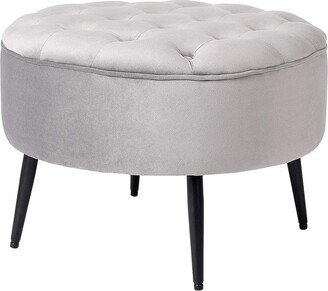 Tufted Round Ottoman - Velvet Foot Stool - Grey