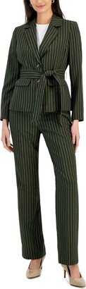 Women's Striped Belted Pantsuit, Regular & Petite Sizes - Basil/White