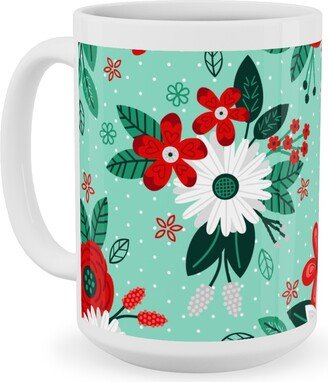 Mugs: Holiday Floral Bouquet Ceramic Mug, White, 15Oz, Green