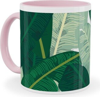 Mugs: Classic Banana Leaves In Palm Springs Green Ceramic Mug, Pink, 11Oz, Green