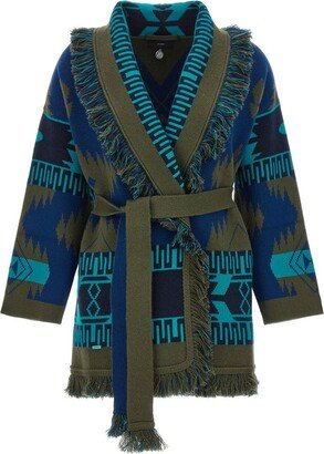 Icon Jacquard Belted Fringed Cardigan