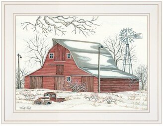 Winter Barn with Pickup Truck by Cindy Jacobs, Ready to hang Framed Print, White Frame, 19