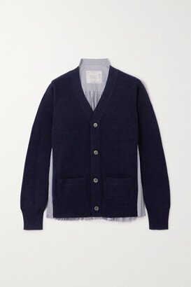 Pleated Striped Cotton-blend Poplin And Ribbed Wool Cardigan - Blue