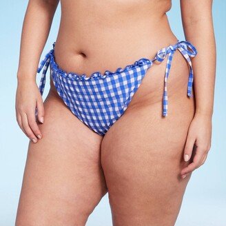 Women's Side-Tie Ultra High Leg Super Cheeky Bikini Bottom Cobalt Blue Gingham Print