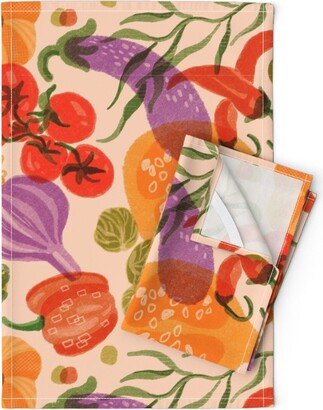 Retro Veggie Tea Towels | Set Of 2 - Vegetable Garden By Untamedlittlewolf Vibrant Painterly Linen Cotton Spoonflower