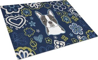 BB5054LCB Blue Flowers Boston Terrier Glass Cutting Board