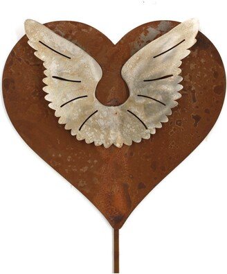 Metal Angel Wings Heart Garden Stake Memorial Sign Stainless & Rusted Steel 23 Inches Tall