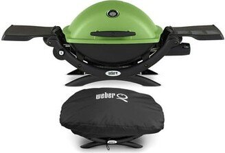 Q 1200 Liquid Propane Grill (Green) With Grill Cover