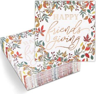 Sparkle and Bash 50 Pack Floral Happy Friendsgiving Disposable Paper Cocktail Napkins, Thanksgiving Party Supplies