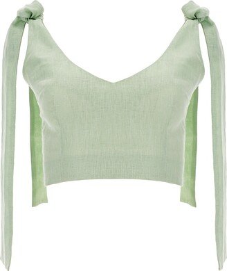 Lita Couture Bow Strap Linen Crop Top In Green