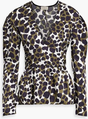 Leopard-print satin-twill peplum blouse