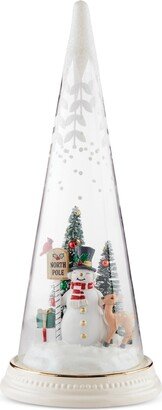 Lighted Christmas Cone With North Pole Snowman Scene Figurine