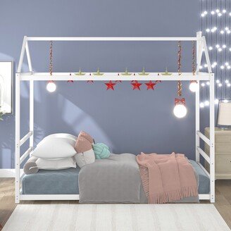 Calnod Twin Size Metal House Platform Bed with Roof, Sturdy Steel Bedframe for Kids, Teens, Adults, Chimney Design, No Box Spring Need