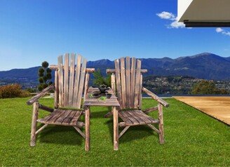 TOSWIN Classic Outdoor Solid Wood Antique Porch Loveseat 2 Lean Back Patio Deck Chairs with Tray-table Durable Build Rustic Brown