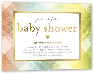 Baby Shower Invitations: Bright Plaid Baby Shower Invitation, Beige, Gold Foil, 5X7, Matte, Personalized Foil Cardstock, Square