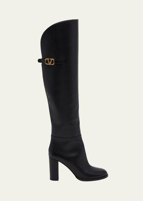 V Logo Over-The-Knee Leather Boots