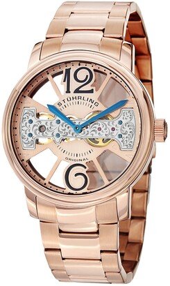 Stainless Steel Rose Tone Case on Link Bracelet, Rose Tone Skeletonized Dial with Exposed Bridge Movement, with Blue and Black Accents - Ros