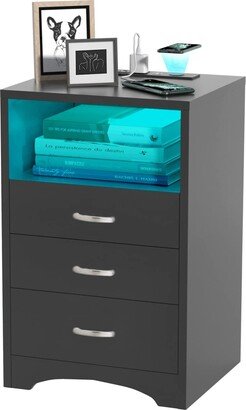 Global Pronex 3 Drawers Black Nightstand with Wireless Charging Station and LED Lights, Side Table with Open Storage Bedside End Table