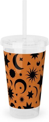 Travel Mugs: Celestial Kilim - Orange And Black Acrylic Tumbler With Straw, 16Oz, Orange